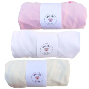 Imagem de Kit 3 Lençol Avulso Malha 100% Algodão Elástico Total Berço Americano Hipoalergenico (Palha-Branco-Rosa)