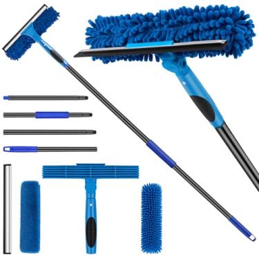 Imagem de JTIEO Kit de limpeza de janela de 169 cm com haste de extensão, rodo de janela 2 em 1 para casa, kit de lavagem de janela com esfregão e cabeça rotativa para vidro e para-brisa
