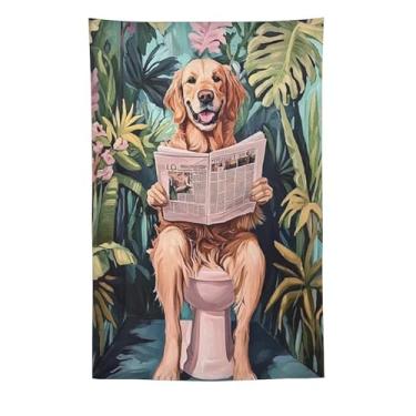 Imagem de Cão tropical retrô lendo jornal no banheiro tapeçaria engraçada pendurar na parede selva decoração botânica para banheiro hóspede banho homem caverna decoração de parede casa presente dormitório 152 x
