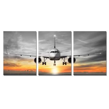 Imagem de Derkymo Arte de parede de aeronaves modernas, impressão em tela de pôr do sol em 3 painéis, tema de aviação preto e laranja, tela impermeável embrulhada, pronta para pendurar