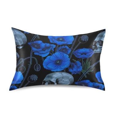 Imagem de Fronhas refrescantes personalizadas padrão Queen King fronhas de cetim decoração de quarto estética tamanho queen 76.2 cm x 50.8 cm Cool Blue Flower Skull Black