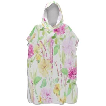 Imagem de Joisal Poncho de surfe para mudança de roupão de praia com capuz toalha floral absorvente aquarela floral branco ponchos femininos com capuz
