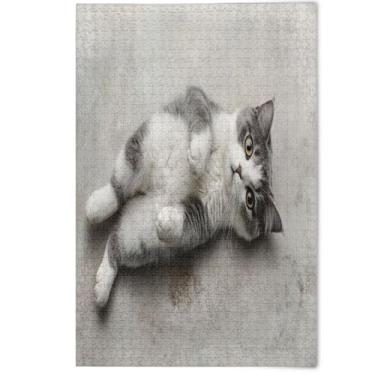 Imagem de Quebra-cabeça fofo engraçado gato cinza branco 500 peças para adultos presentes de festa elefante branco quebra-cabeças rígidos para adultos paisagem arte animal, 500 peças, 52 cm x 37,8 cm