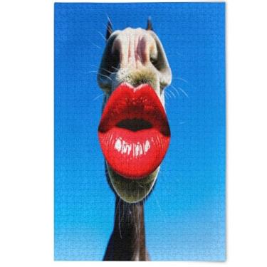 Imagem de Batom vermelho cavalo engraçado 500 peças quebra-cabeças para adultos cenário animal arte legal grande quebra-cabeças família amantes presentes, 500 peças, 52 cm x 37,8 cm