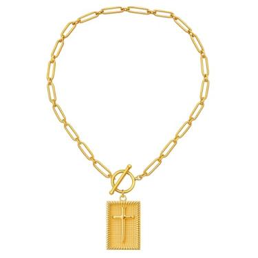 Imagem de Bay State Importers Colar de cruz para mulheres, banhado a ouro 14K, pingente de cruz cristã, corrente de clipe de papel, bijuteria, presente religioso, cristão, presente de Natal, cesta de Páscoa