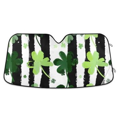 Imagem de Guarda-sol branco listrado folhas de trevo para para-brisa de carro protetor solar de caminhão dobrável engraçado para para-brisa dianteiro de carro retrátil S, 134,6 cm x 59,7 cm