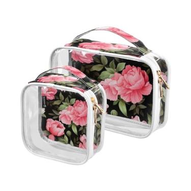 Imagem de GAIGEO Conjunto de 2 bolsas de maquiagem transparentes para pintura em aquarela, flores de peônia em preto, bolsas transparentes para cosméticos, Pintura em aquarela com flores de peônia em preto-4