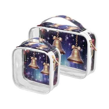 Imagem de GAIGEO Conjunto de bolsa de higiene pessoal transparente de sapo de desenho animado verde, bolsa de cosméticos transparente para viagem, acessórios de viagem cosméticos, pacote com 2, Natal com sinos