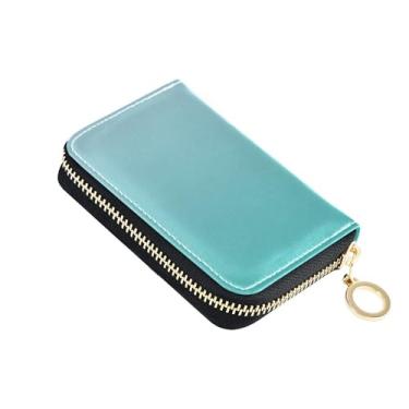 Imagem de Carteira feminina compacta de couro com bloqueio de RFID elegante azul claro verde mar gradiente bolsa para troca de moedas com zíper