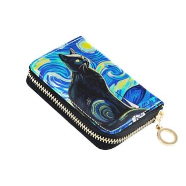 Imagem de Carteira feminina preta com céu noturno azul com zíper e bloqueio de RFID, carteira pequena de viagem com zíper