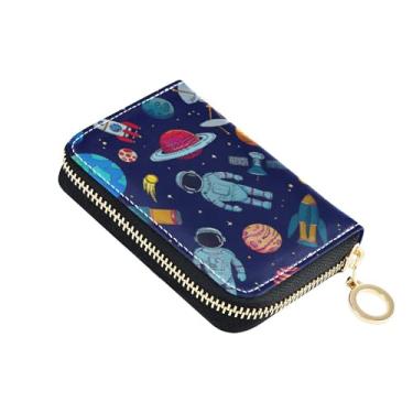 Imagem de Carteira feminina de couro com bloqueio de RFID com zíper e espaço planetas astronautas