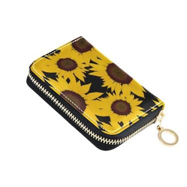 Imagem de Carteira feminina preta de girassóis amarelos brilhantes com zíper em torno de carteiras de cartão de crédito com bloqueio de RFID pequena carteira de viagem com zíper
