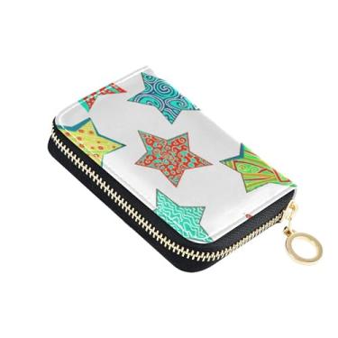 Imagem de Carteira pequena feminina com porta-cartões com bloqueio de RFID, zíper e porta-moedas com chaveiro, estrelas coloridas de Natal