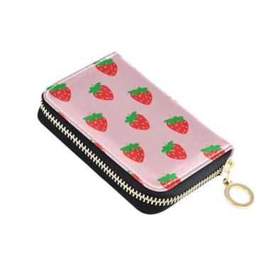 Imagem de GAIGEO Porta-cartões de crédito com bloqueio de RFID pequenas carteiras femininas com zíper em torno de zíper porta-cartões e dinheiro desenho animado rosa morango frutas