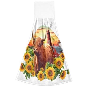 Imagem de Joitme Toalhas de mão para pendurar no outono, lindas toalhas de forno de vaca highland girassol conjunto de 2, toalha fofa absorvente macia decoração de cozinha, 46 x 35 cm