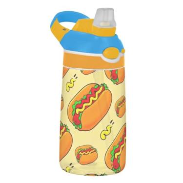 Imagem de Garrafa de água infantil com desenho animado de cachorro-quente para escola, 473 ml Tritan 473 ml, garrafa de água esportiva com canudo, copo de viagem infantil à prova de vazamento, reutilizável