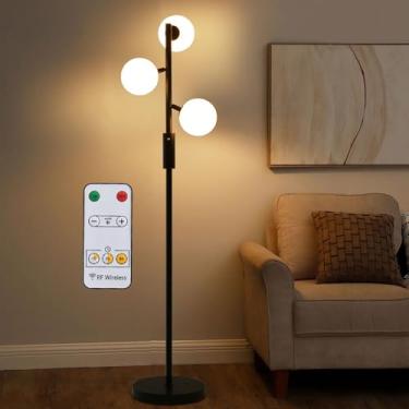 Imagem de Luminária de chão preta de 60 polegadas com 3 lâmpadas LED em formato de globo, 3000K, luz branca quente suave. Luminária moderna de pé para casamentos/festas, ideal para sala de estar/quart