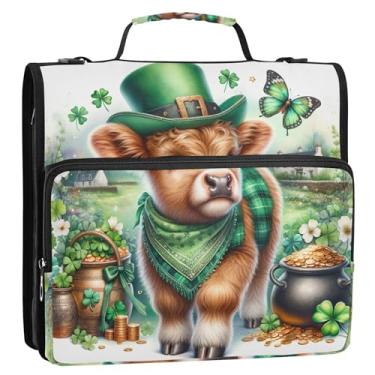 Imagem de Highland Cow St Patricks Organizador de fichários com zíper com 3 anéis de 3,8 cm Anel D Bolsa para fichários escolares com alça de ombro para portfólio para 500 folhas