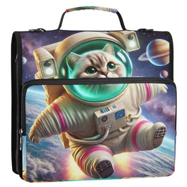 Imagem de Fichários de 3,8 cm para documentos, 3 anéis, fofos, com estampa de gato espacial, organizador de fichário com zíper, vários bolsos, grande pasta para guardar pastas com alça para escola
