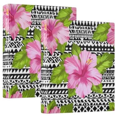 Imagem de Fichários de hibisco flores rosa preto branco 3,8 cm 3 anéis comporta 200 folhas pastas de impressão portfólio anel redondo fichário de receita, 31,5 x 27 x 6 cm, 1 pacote