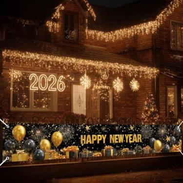 Imagem de HOMETITUTE Banner Feliz Ano Novo 299,7 x 50,8 cm Balões de Ouro Preto Fogos de Artifício Caixas de Presente Banner Pendurado Feriado Grande Cerca Externa Varanda Decoração de Parede Ano Novo Fundo de