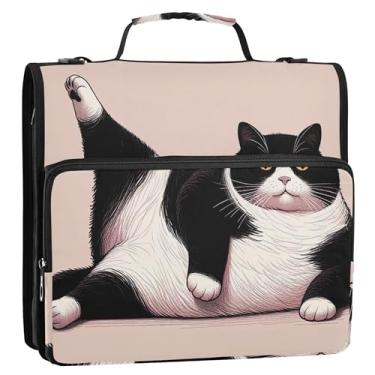 Imagem de Fichário de gato preto e branco preguiçoso de 3 cm com 3 anéis resistentes com zíper e alça bolsa escolar com alça pasta de armazenamento de desenhos animados com alça