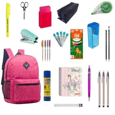 Imagem de Kit Material Escolar Completo 33 Item Com ou Sem Mochila Caneta Caderno Grampeado Lista Premium 2026 (PIN)