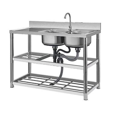 Imagem de Lavatório utilitário de 2 compartimentos com bancada de trabalho e prateleiras de armazenamento, pia de catering de cozinha comercial, pia dupla de aço inoxidável independente, pia de restaurante