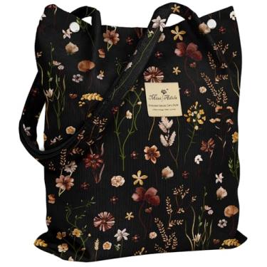 Imagem de Miss Adola Bolsa feminina de veludo cotelê - Sacolas reutilizáveis com fivela magnética e bolso design estético bolsas de supermercado, Flor preta, One Size
