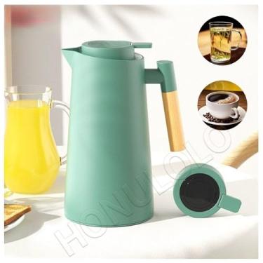 Imagem de Garrafa Térmica de água, 1 Litro Garrafa Térmica Com Termômetro Led Para Chás/Café Design Moderno Cabo Em Madeira(Verde Escuro)