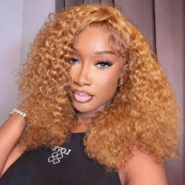 Imagem de Peruca Hihmarm Honey Blonde Bob, cabelo humano, 13x6 HD, onda profunda, renda frontal, cabelo humano pré-depilado, cacheado, para mulheres, use e vá, peruca frontal cacheada profunda, 14 polegadas