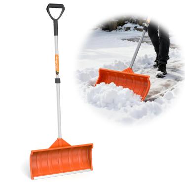 Imagem de Empurrador de neve, pá de neve larga para garagem, ferramenta de remoção de neve para garagem, calçadas e portas, pá de neve com alça D-Grip e tira de alumínio, laranja