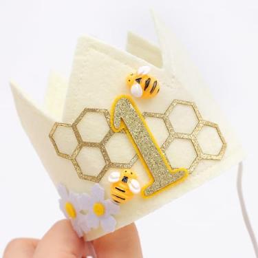 Imagem de SYESQL Bee 1st Birthday Cone Hat - First Birthday Party Hat, Happy Baby's Day Photo Props ( Banner)