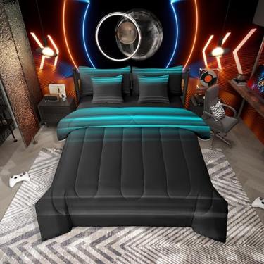 Imagem de Erosebridal Conjunto de cama de 7 peças, arte abstrata, conjunto de edredom duplo com glitter, estampa 3D, ombré, listrado, moderno, em uma bolsa, preto, azul-petróleo