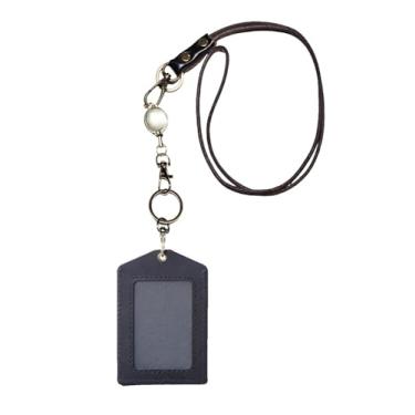 Imagem de Porta-crachá de identificação de couro genuíno com cordão e carretel retrátil, suporte de identificação vertical de couro de grão superior e cordão, chaveiro de metal dourado (preto)