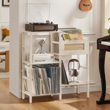 Imagem de LELELINKY Suporte para toca-discos, suporte de madeira de carvalho branco creme com armazenamento de vinil, comporta até mais de 300 álbuns, mesa de mídia de vime de 3 camadas com prateleira de
