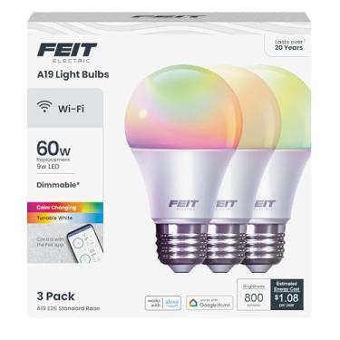 Imagem de Feit Electric OM60/RGBW/CA/AG/3 60 Watt Equivalente Wifi que muda de cor e branco ajustável, regulável, não é necessário hub, Alexa ou Google Assistant A19 LED Lâmpada inteligente, pacote com 3, Rgbw Multicolor