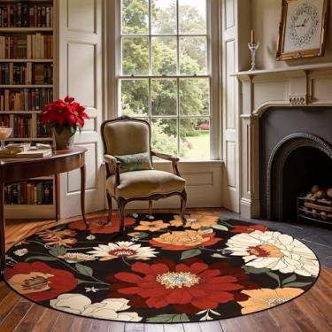 Imagem de jinchan Tapete redondo floral vintage preto de 2,1 m para sala de estar - tapete lavável, macio, antiderrapante, interior, boêmio, estampa de flores, círculo, 18 m, tapete redondo para sala de jantar
