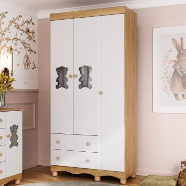 Imagem de Guarda-roupa Infantil 92cm Com Vidro 3 Portas E 2 Gavetas Ternura Multimóveis Mp4477 Madeirado/branco Madeirado/branco