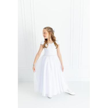 Imagem de Vestido Infantil Longo Branco com Saia Tule Infantil Festa Batizado Fo