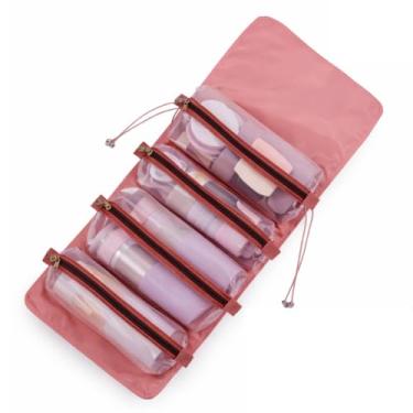 Imagem de Necessaire Organizadora Portátil Unissex para Viagem, Material Premium, com Gancho para Pendurar, Várias Divisórias, Bolsos Internos, Fecho com Zíper (Rosa)