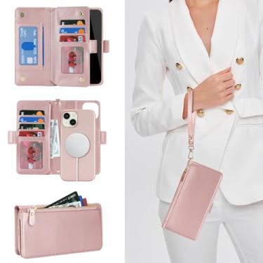 Imagem de Jaorty Capa carteira removível para iPhone 16 Pro Max, [compatível com MagSafe] [porta-cartão] [bolso com zíper], bolsa flip de couro PU 2 em 1, capa magnética com alça de pulso, ouro rosa