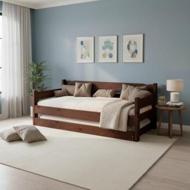 Imagem de Cama Solteiro Com Auxiliar Bicama de Madeira Maciça Castanho