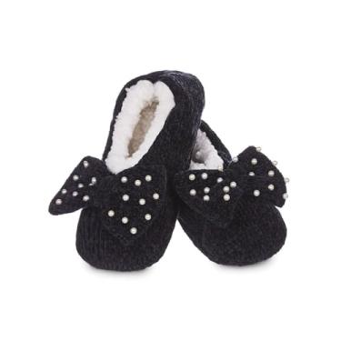 Imagem de MeMoi Pantufa feminina forrada de sherpa com detalhes em chenille com pérolas preciosas, Preto, M-G