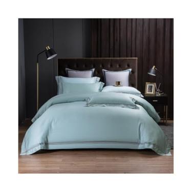 Imagem de Conjunto de capa de edredom bordado de luxo 4 peças nórdico cor sólida macio algodão amigo da pele (azul, tamanho Queen, 4 peças)