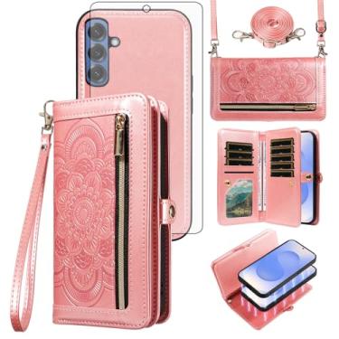 Imagem de Asuwish Capa de celular para Samsung Galaxy S25 5G carteira com zíper destacável com protetor de tela de vidro temperado alça transversal para pulso mandala flor porta-cartão S 25 25S SM-S931U