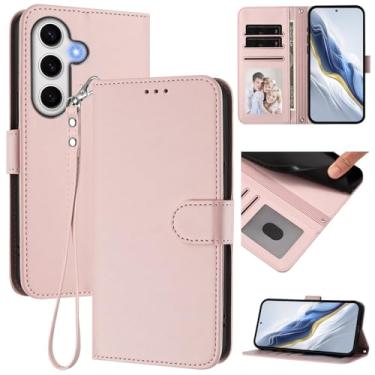 Imagem de Capa carteira para Samsung Galaxy S24 FE, capa fina de couro com compartimentos para cartões, alça de pulso e suporte, capa protetora à prova de choque para homens e mulheres (rosa)