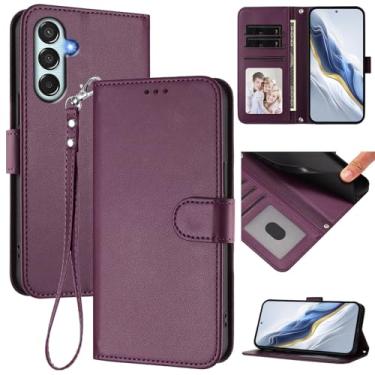 Imagem de Capa carteira para Samsung Galaxy M35 5G, capa fina de couro com compartimentos para cartões, alça de pulso e suporte, capa protetora à prova de choque para homens e mulheres (roxo escuro)