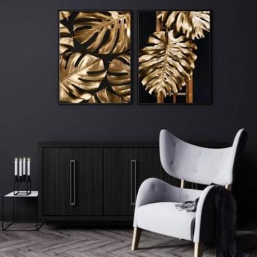 Imagem de Kit 2 Quadros Folhagens Preto Com Dourado 24X18Cm