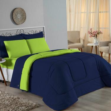 Imagem de Kit Edredom Dupla Face + Jogo De Lençol Solteiro Nobre 4 Peças Malha 100% Algodão - Azul-marinho / Pistache
